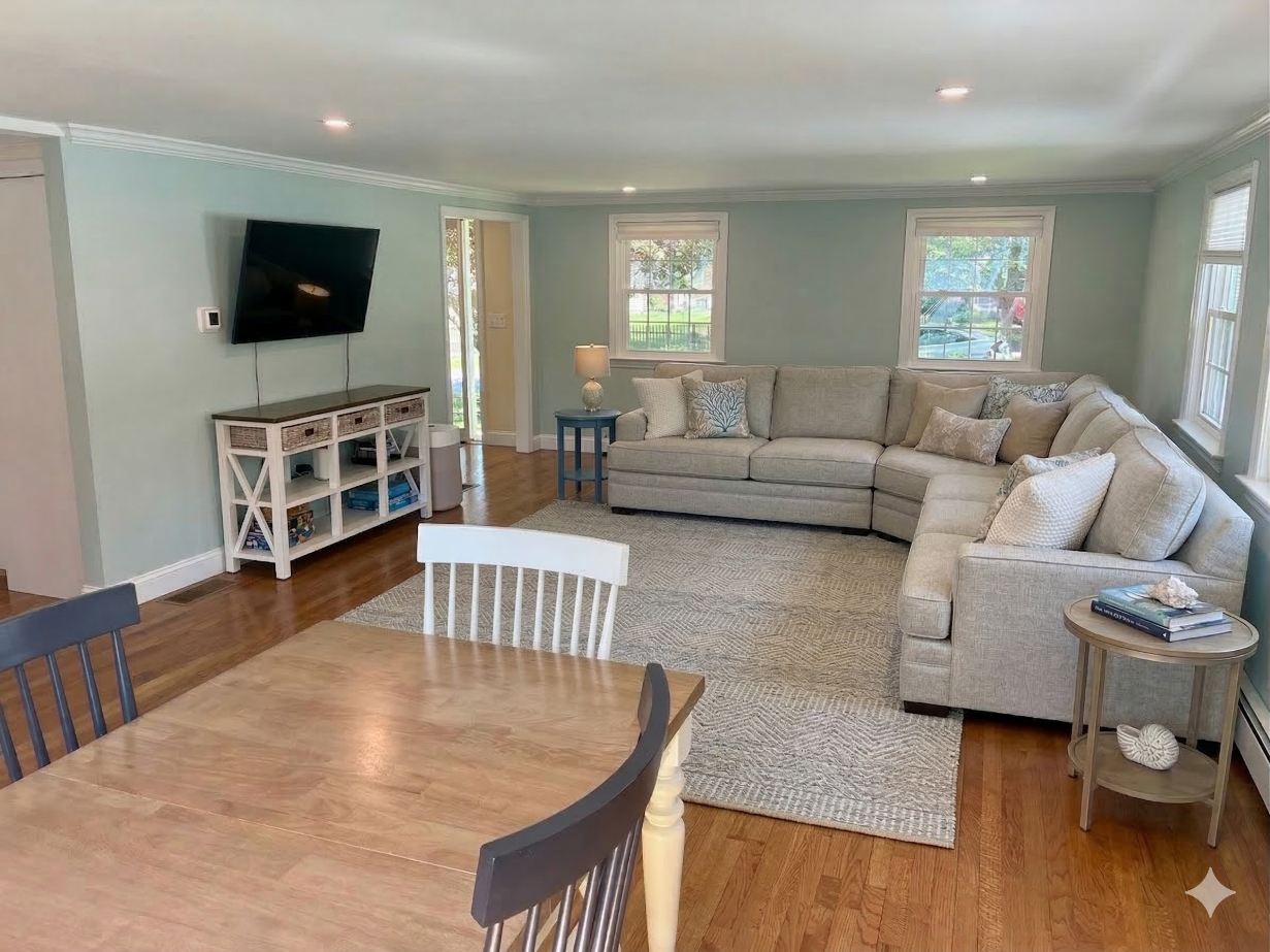 Family room with sectional sofa and dining area
